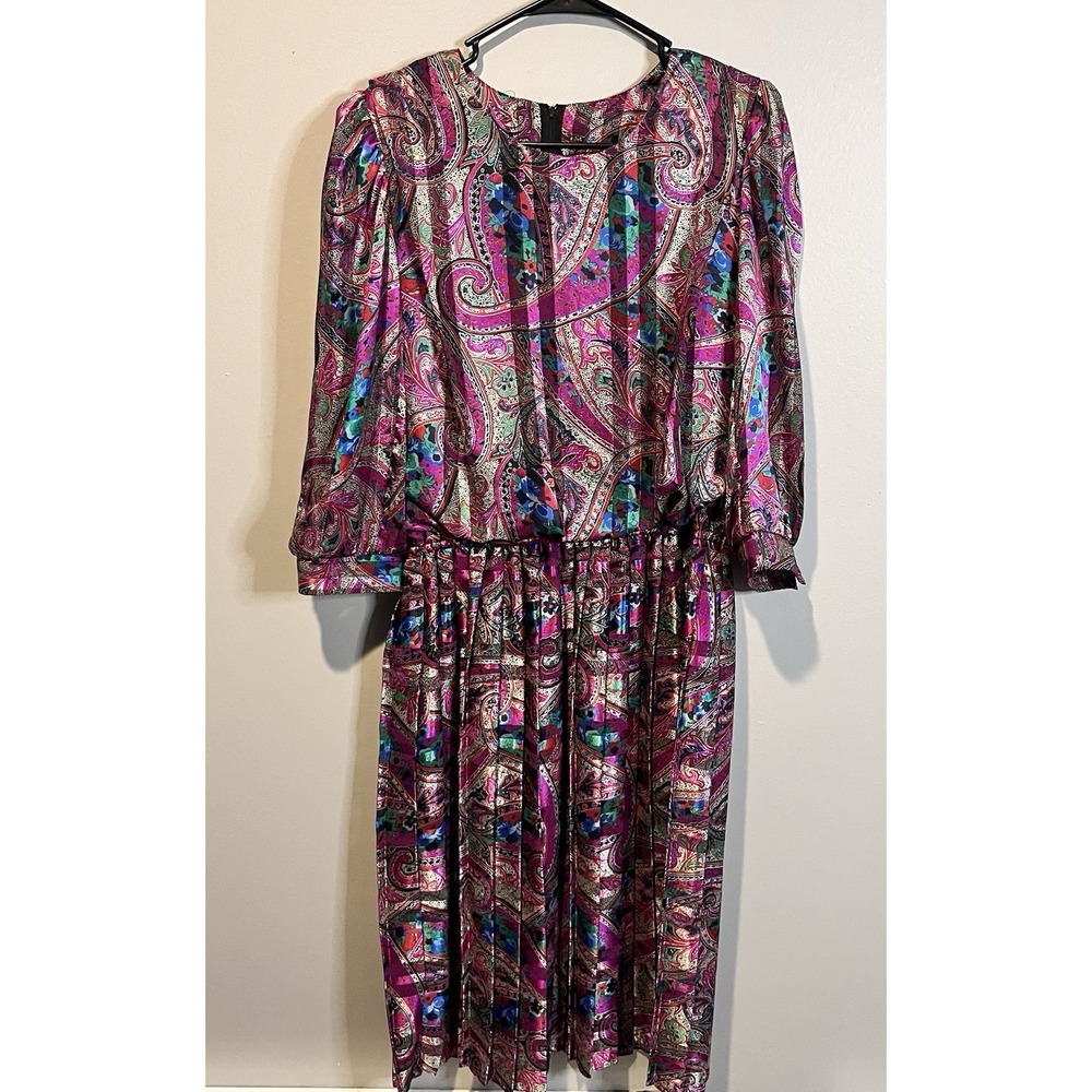 Vintage Early 90's Damon Dress Size 14W Petite Vibrant Paisley USA Made Union